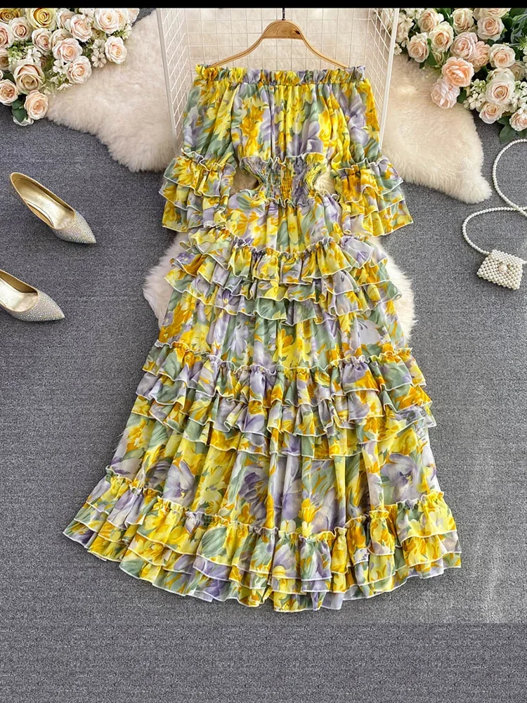 Summer New Off Shoulder  Wrap Waist to Show Thin A-line Fragmented Cake Dress Women's Beach Vacation Chiffon Long Dress GD820