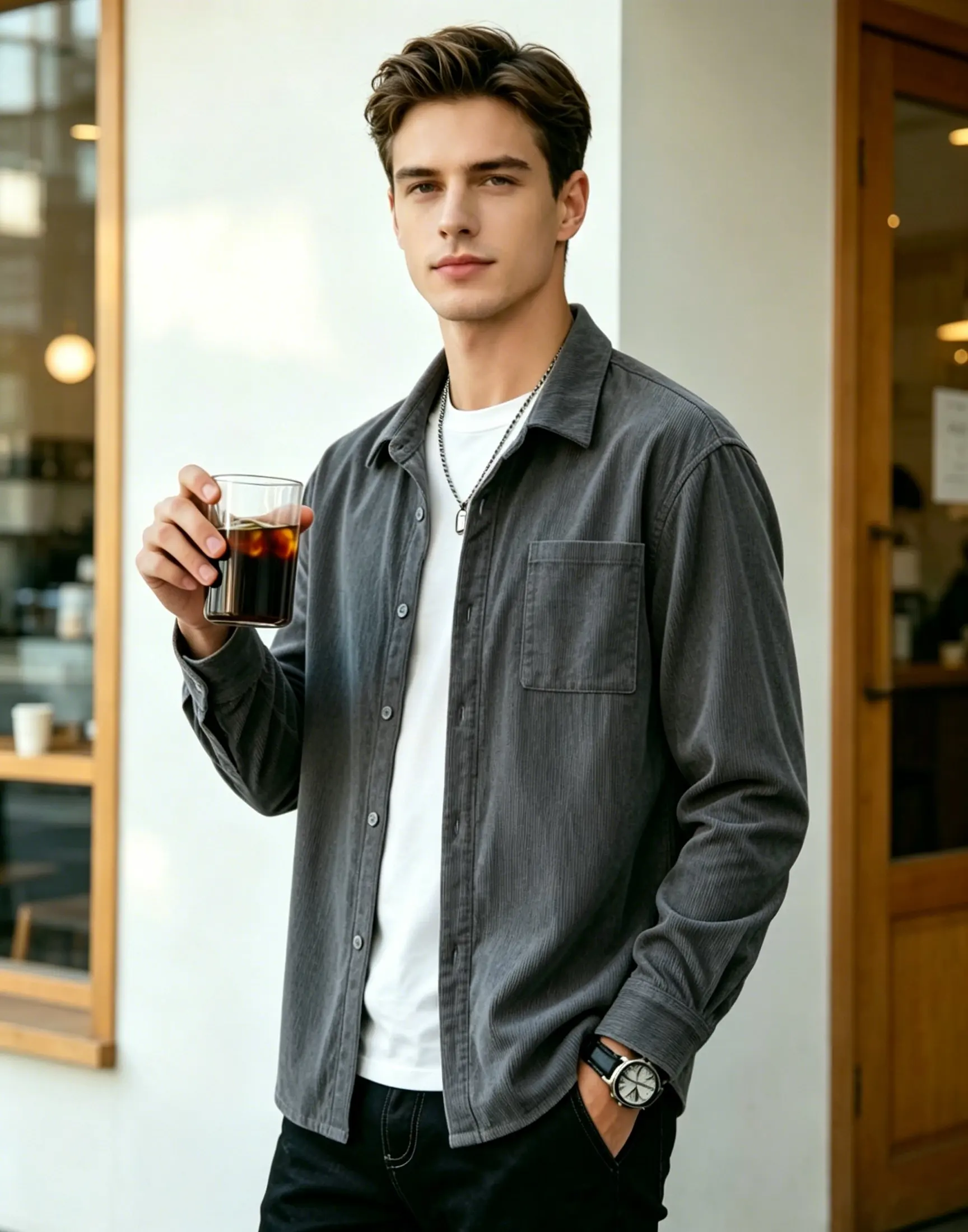 Men's Solid Color Corduroy Long Sleeve Shirt: Classic Collar, Loose Fit, Comfortable and Versatile