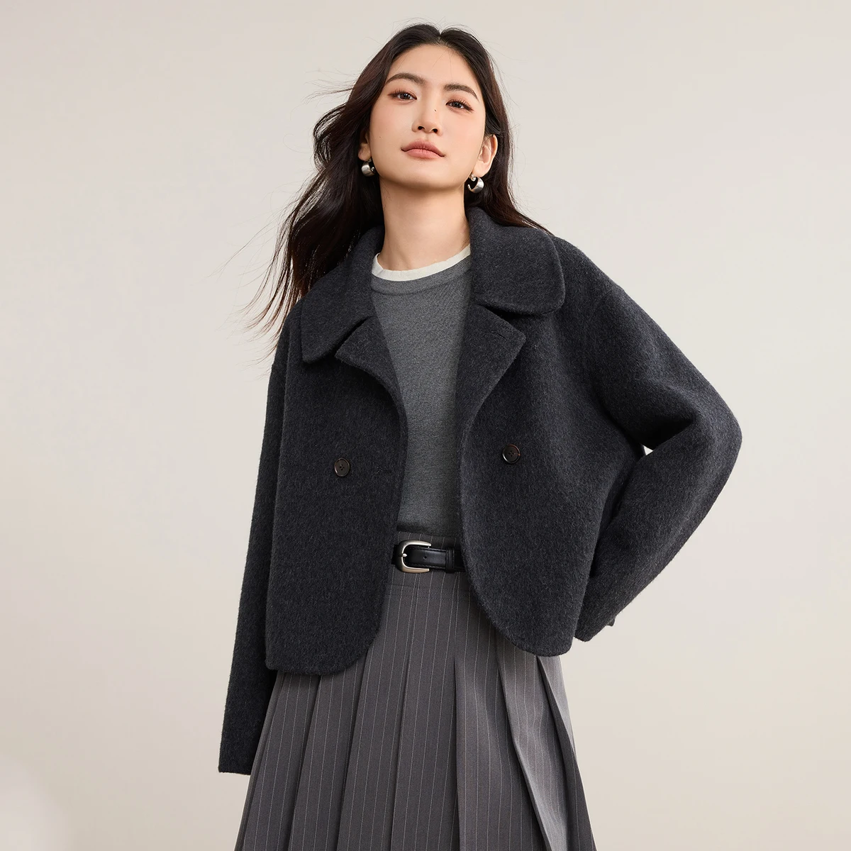 معاطف شتوية للسيدات من SENTUBILA 2025 سترات سميكة أنيقة من مزيج الصوف وياقة على شكل طية صدر السترة ملابس خارجية نسائية قصيرة متينة W54OC1879 #1