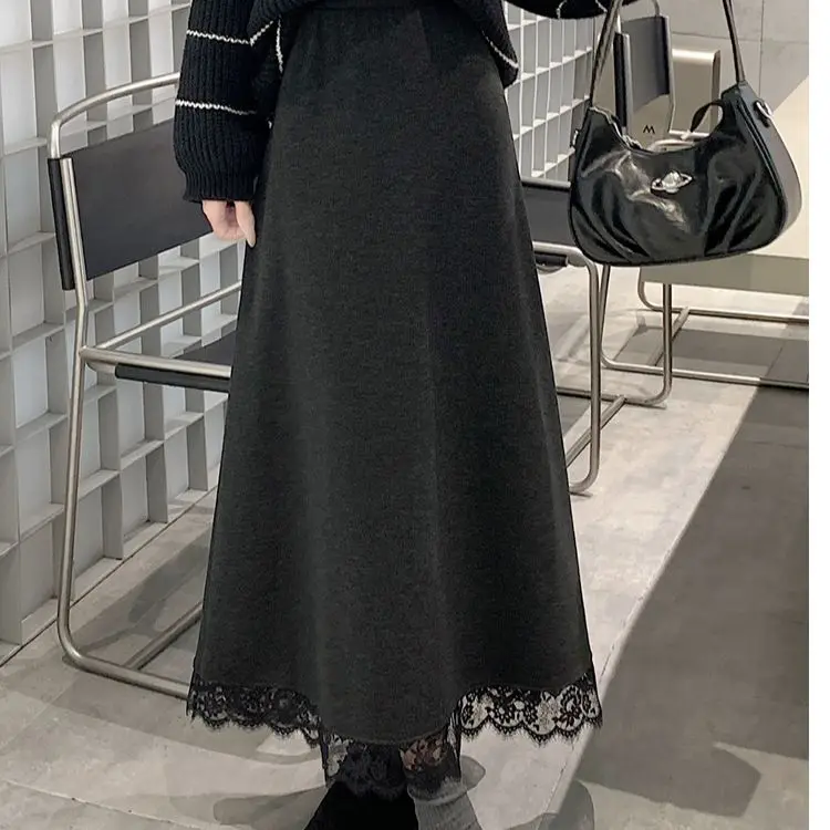 2025 Autumn Winter Fashion Women Skirts Women High Waist Solid A-line Skirt Korean Thick Elegant Korean Style Lace Skirts TS524