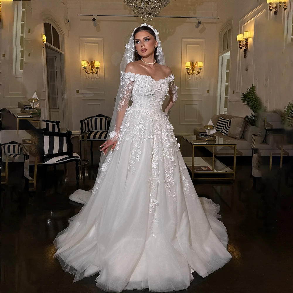

Fairy Wedding Dresses Sweetheart Long Sleeve A-Line Bride Dress with Flower Women Tulle Bridal Gown Customized vestidos de novia