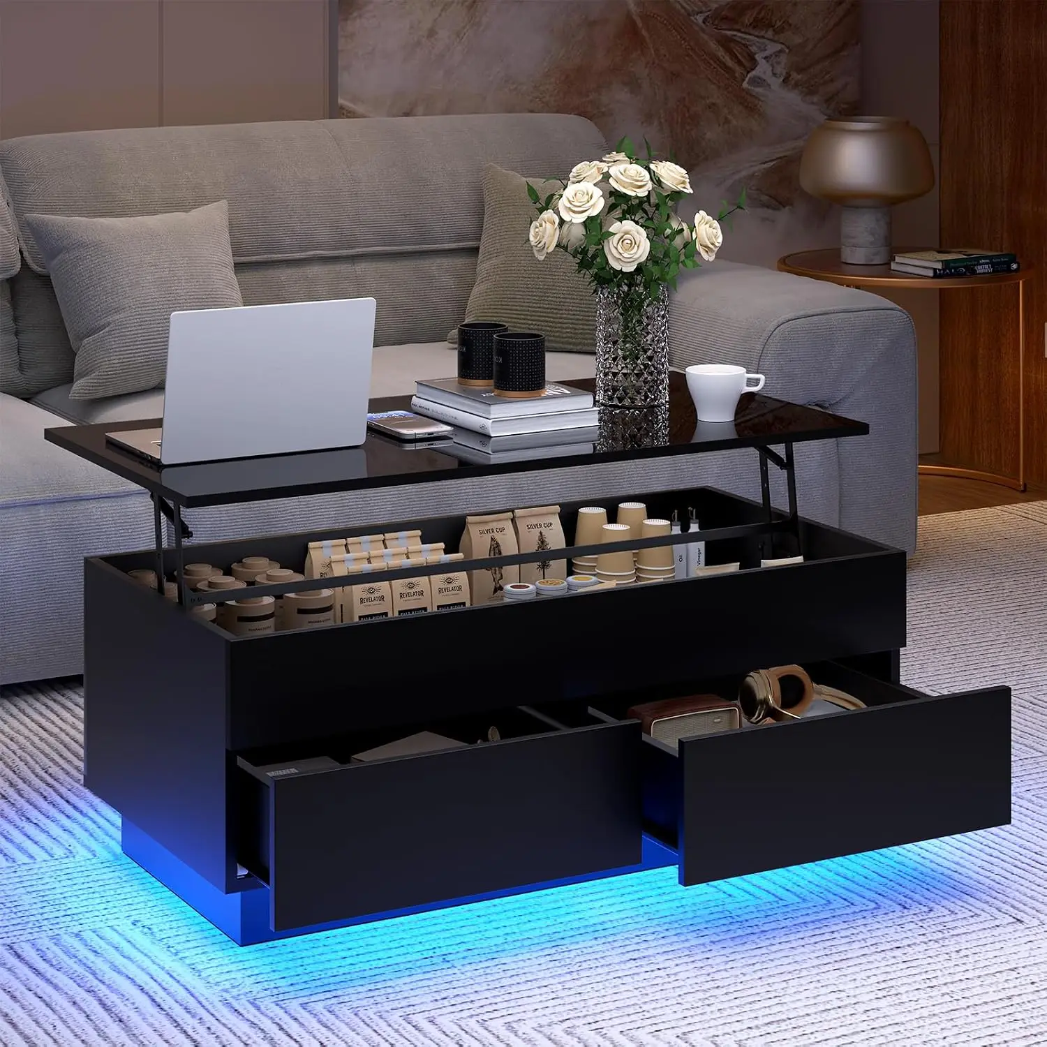 LED Lift Top Coffee Table with Storage High Gloss Black for Living Room Hidden Compartment & 2 Drawers, Customized