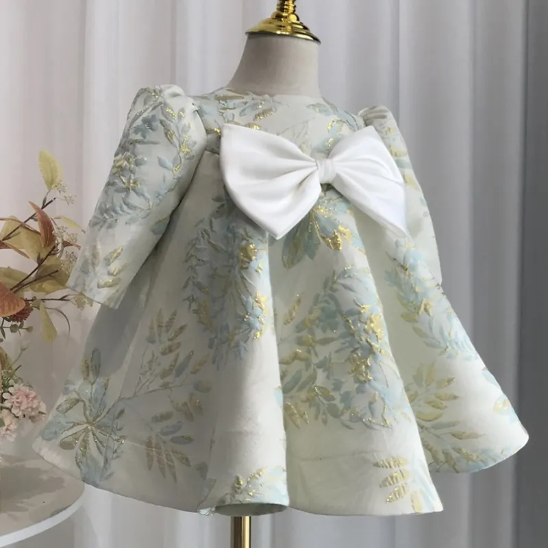 Baby Girl Princess Satin Dress Long Sleeve Child Vintage Bow Vestido Party Pageant Birthday Ball Gown Baby Clothes 1-12Y