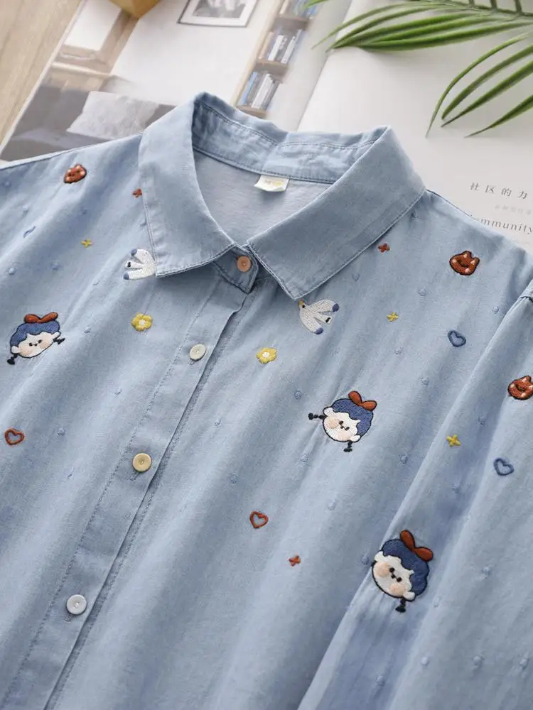 

2025 Spring And Autumn New Embroidered Cowboy Shirt Women's Polo Long Sleeve Color Buckle Loose Casual Shirt