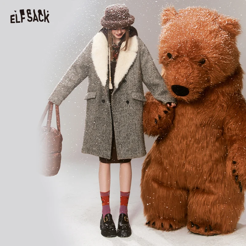 

ELFSACK 2000s Korean Fashion Wool Coats Women 2023 Winter Detachable Fur Collar Mid-length Outwears