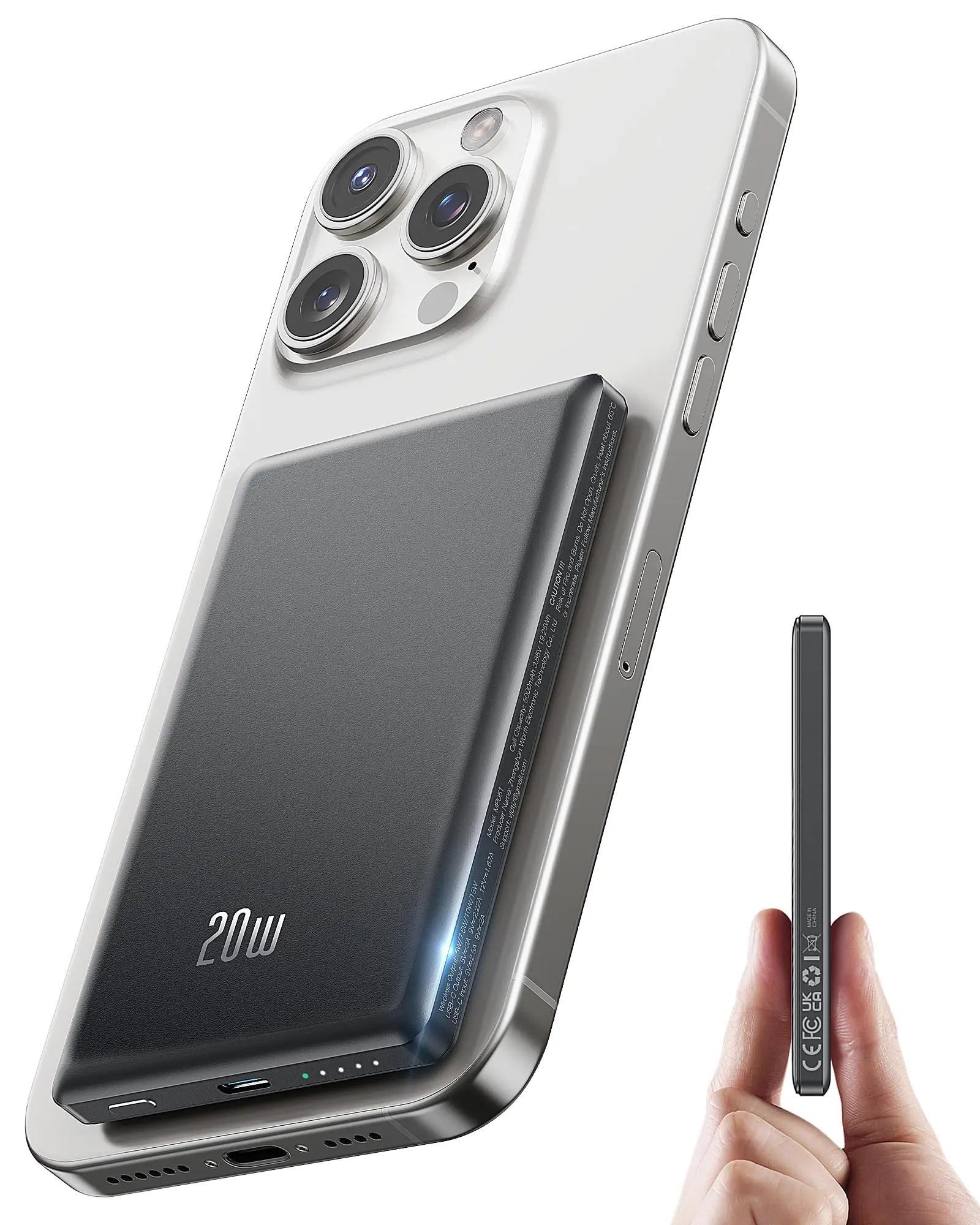 5000mAh Magnetic Power Bank, Wireless & 20W Fast Charger, for iPhone, Samsung (Type-C), Travel Portable Phone Battery Pack.