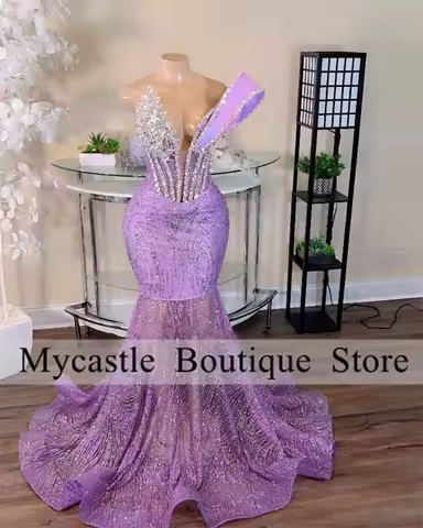 Lilac Purple Lace Beaded Mermaid Prom Dress 2025 Black Girls Diamante Appliques Evening Dresses Birthday Party Dress Customized