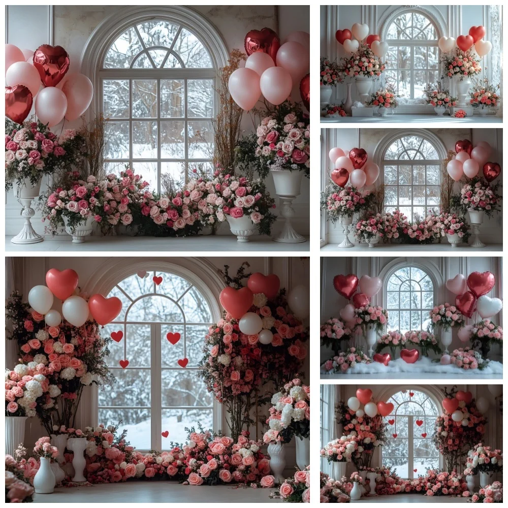 Valentine's Day Photography Backdrops Pink Flowers Love Heart Balloons Windows Wedding Party Bridal Shower Photo Background