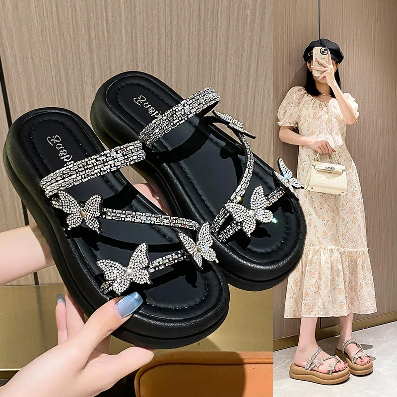 Chinelos casuais de geléia borboleta para mulheres, slides de plataforma, sapatos de praia femininos, pantofle de luxo, sabot, glit, sapatos de praia