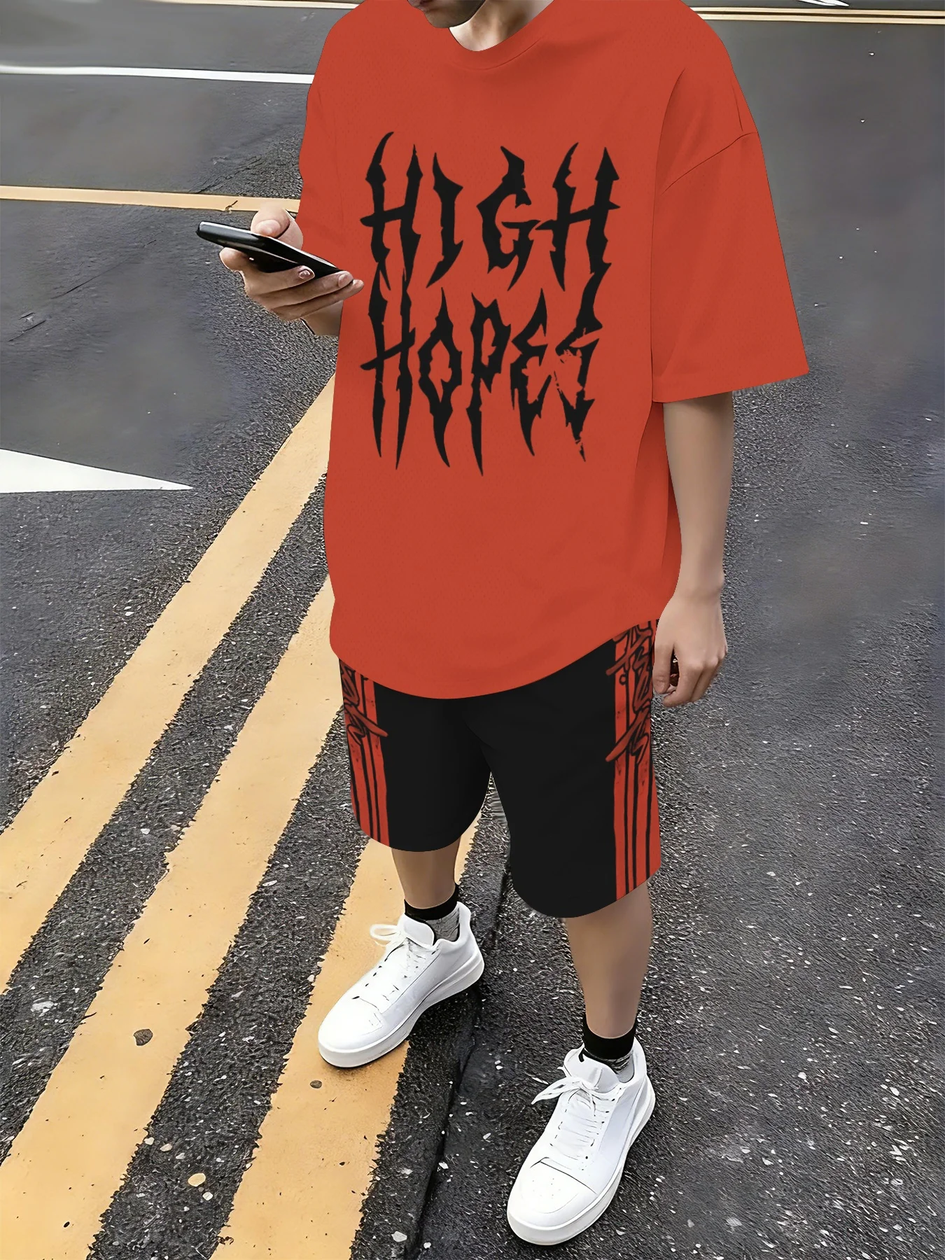Ensemble deux pièces homme style streetwear américain foncé 3D : T-shirt à manches courtes avec lettrage gothique et short respirant à séchage rapide