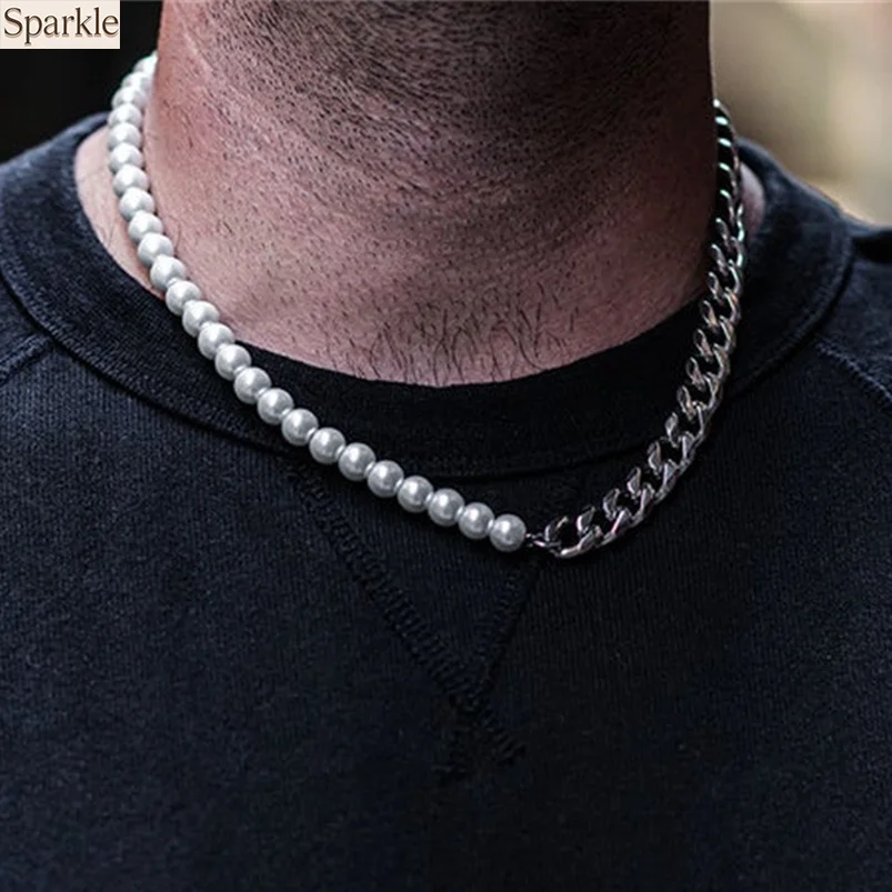 

Asymmetrical Stainless Steel Chain Necklace for Men Women Pearl Chain spliced Choker Charm Neck Jewelry Accessories Punk Hiphop