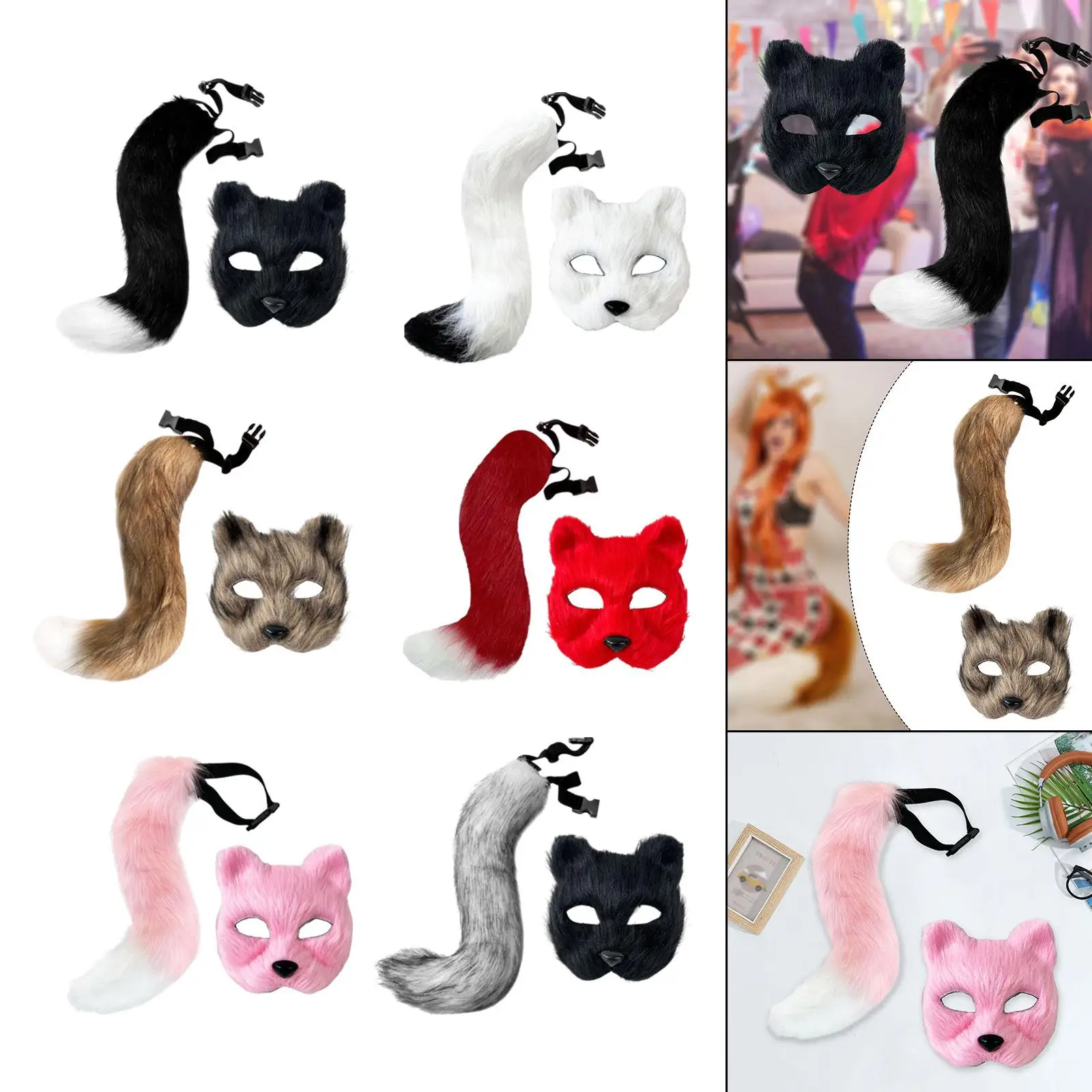 

Faux Fox Cat Mask Tail Props Set Accessories for Stage Shows Carnival Party