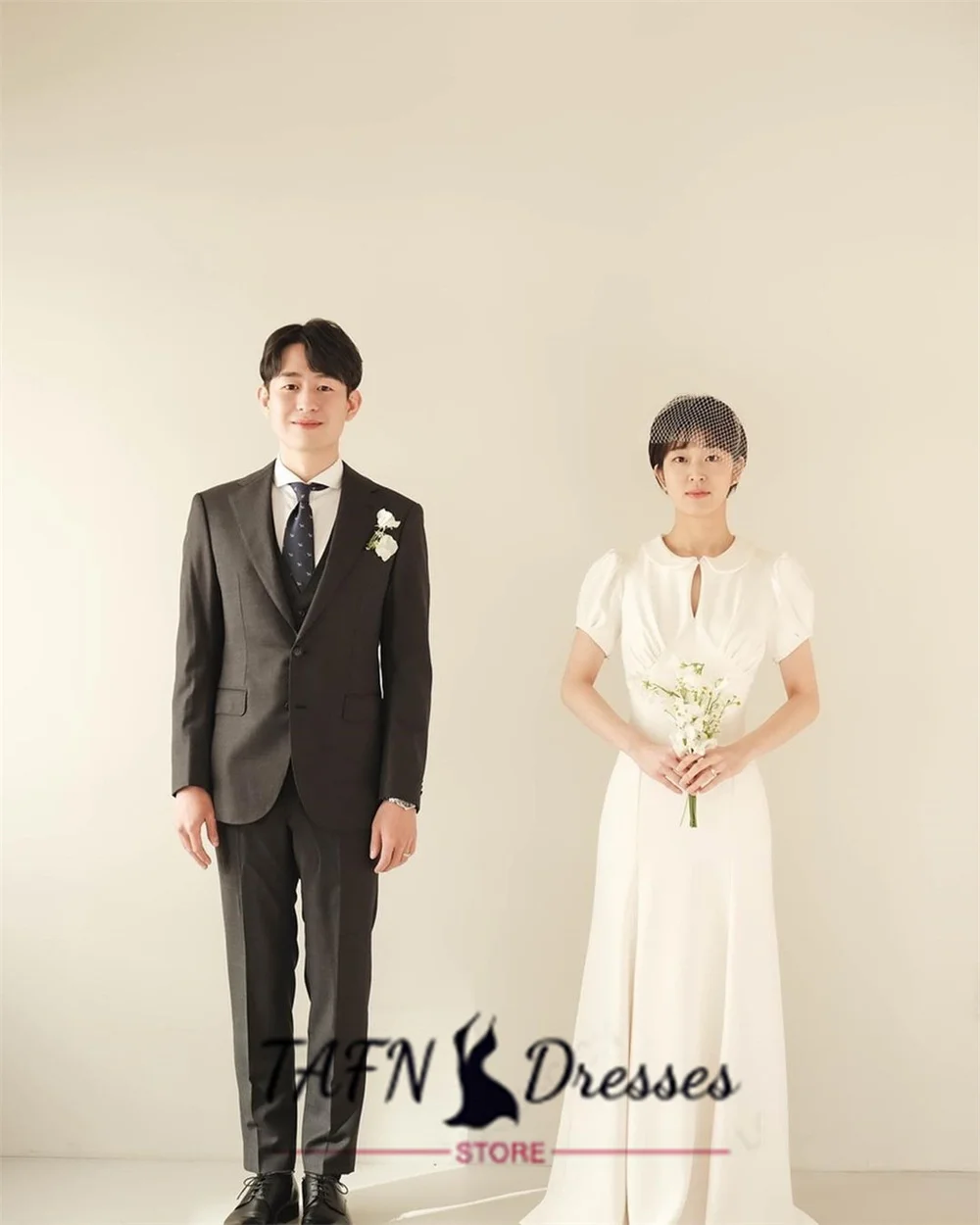 TAJoyKorea-Robe de Soirée Simple à Col Rond et Manches Courtes, Longueur au Sol, sur Mesure, pour Réception de Mariage