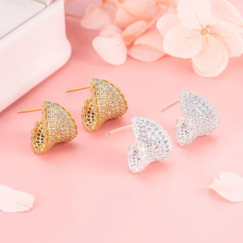 French Elegance Lace Edges Wide Triangle Full Zircon Ear Studs Exquisitely High-End Earrings Jewelry For Women KOFSAC