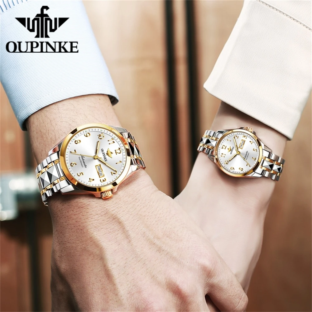 OUPINKE-par de relojes de pareja originales para hombres y mujeres, reloj de pulsera mecánico automático, marca Superior Suiza de lujo, relojes de