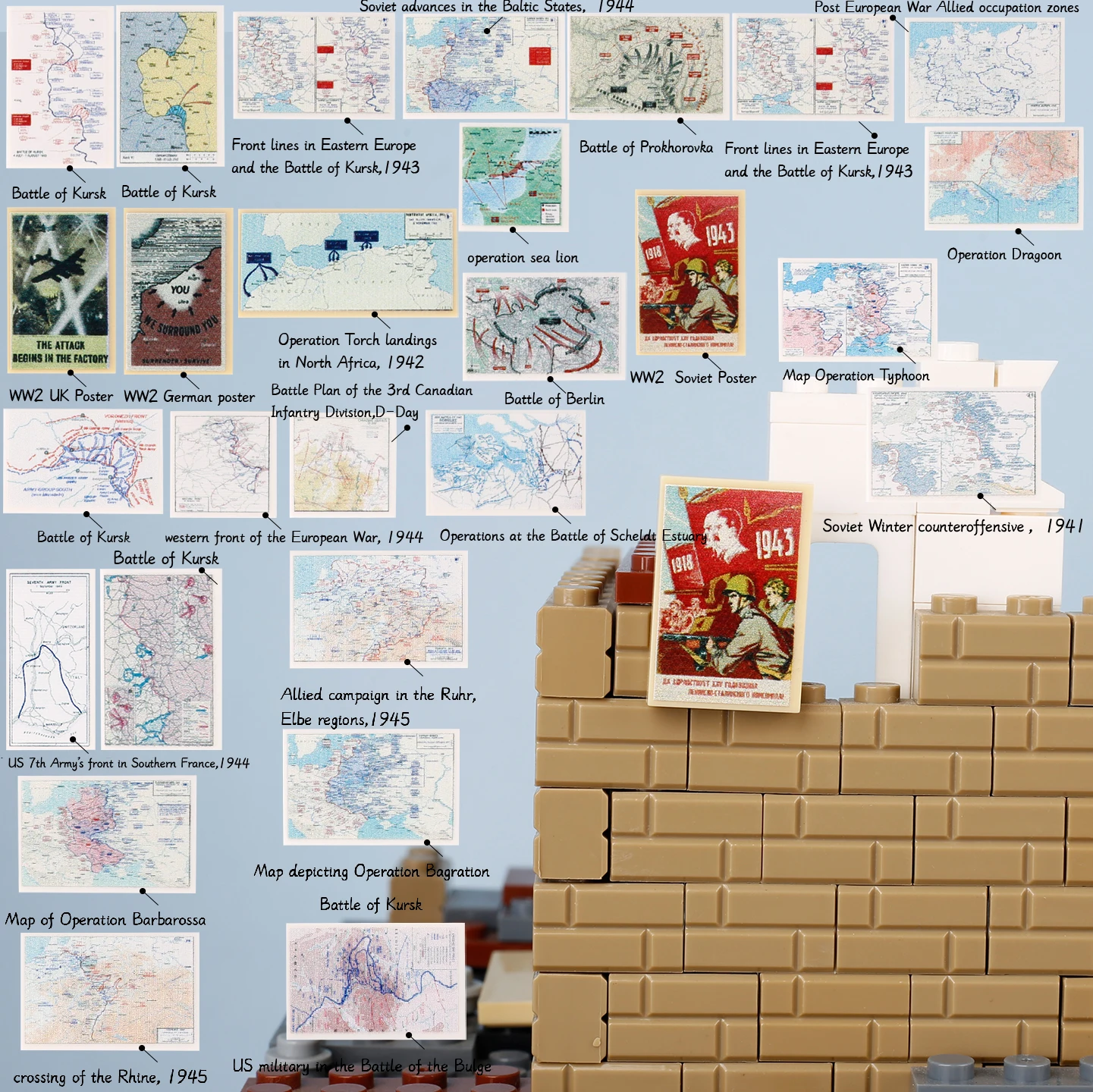 WW2 Military Campaign Map Building Blocks Dunkirk Normandy Soviet Poster Western Front Printed Tiles Berlin Battle Bricks Toys
