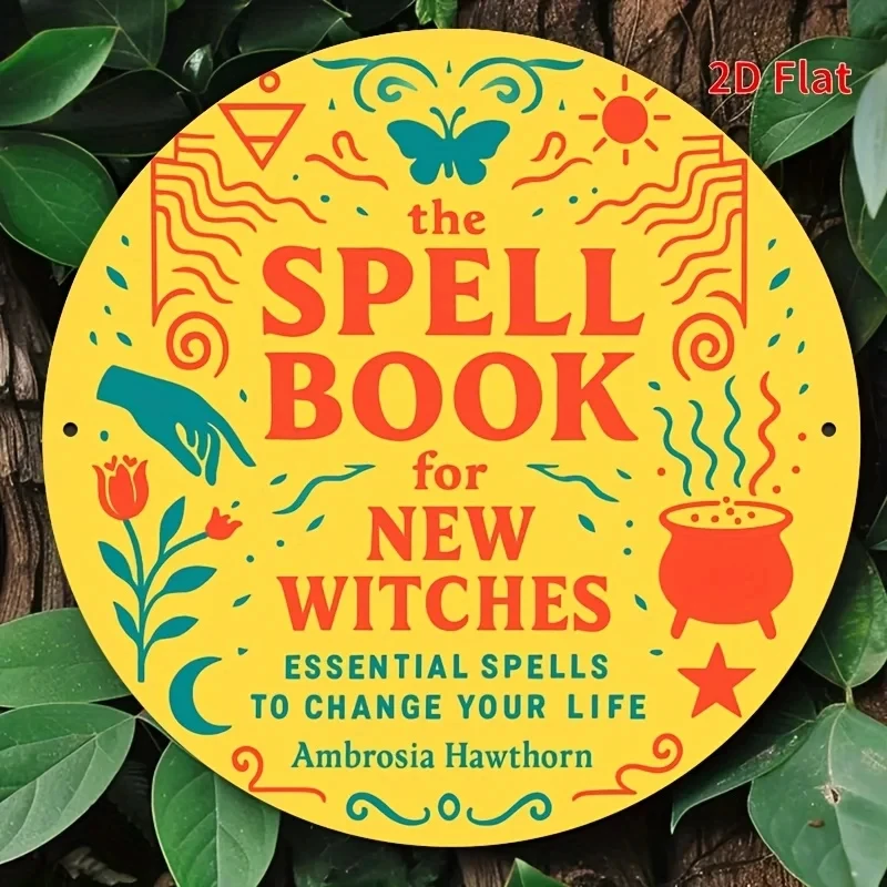 2D Flat, 1-Piece Vintage-Style 8X 8inch Aluminum Wall Art—“The New Wizard's Spell Book” with Magical Symbols, Easy to Hang