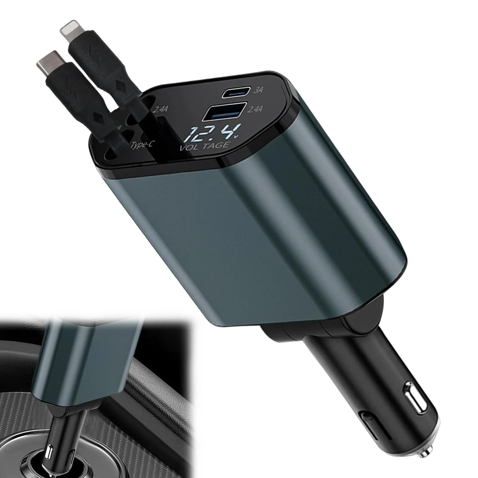 

4 in 1 Car Charger，Retractable Car Charger Adapter with USB+Type C Retractable Cables and USB/USB-C Ports