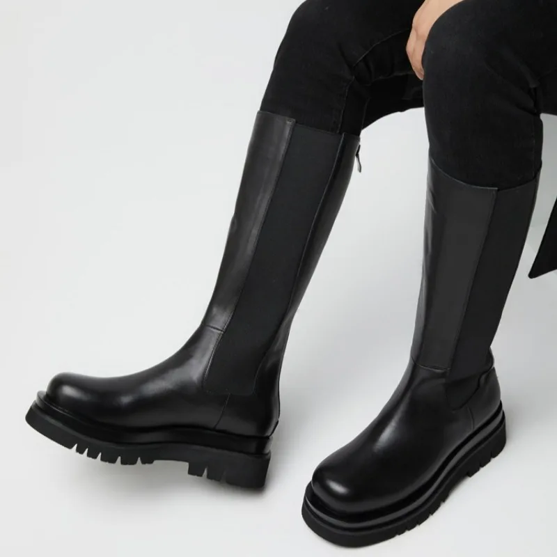 Black Genuine Leather Knee High Chelsea Boots Elastic Side Panels Chunky Lug Platform Sole Men Fashion Tall Boots