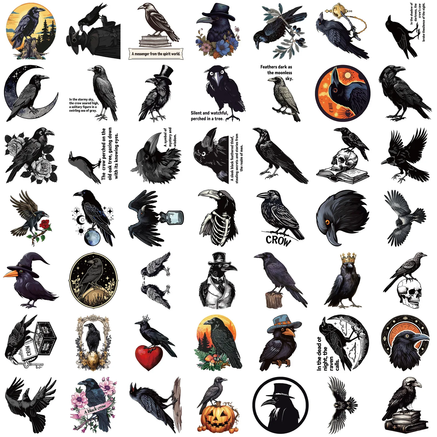 50pcs Black Crow Cartoon Graffiti Animals Stickers Phone Guitar Laptop Notebook Suitcase Water Bottles Waterproof Sticker Gift