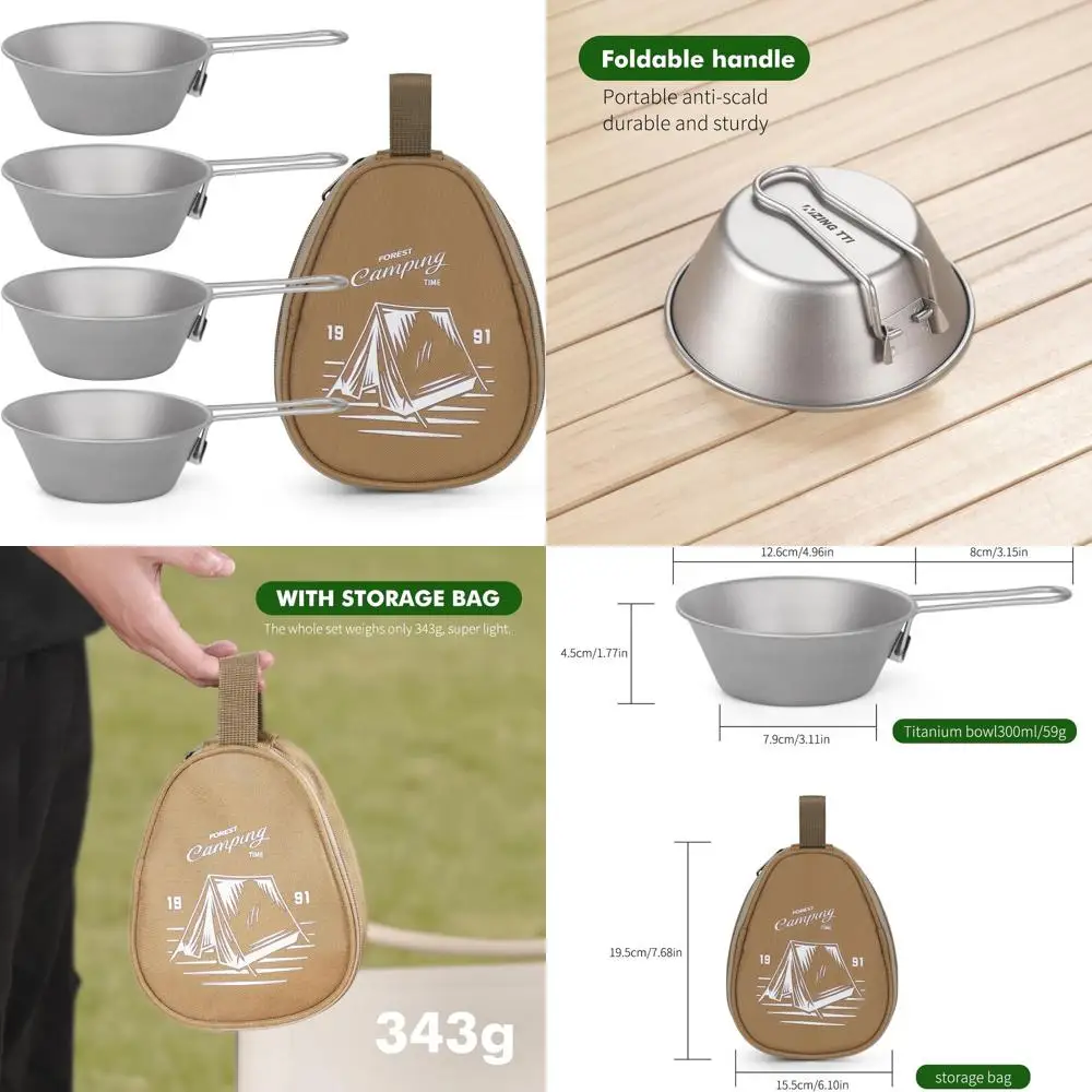 

Титановая походная миска на 10 унций (4 шт.), штабелируемая титановая миска с ручкой и сумкой для хранения, круглая миска для риса, для пикника, ужина P