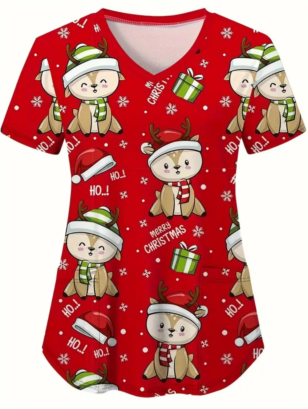 Krankenpflegeuniformen Frau Weihnachten Schneemann Cartoon Print Gesundheitswesen Krankenschwester Schnelltrocknend V-Ausschnitt Kurzarm mit Taschen Scrubs Frau