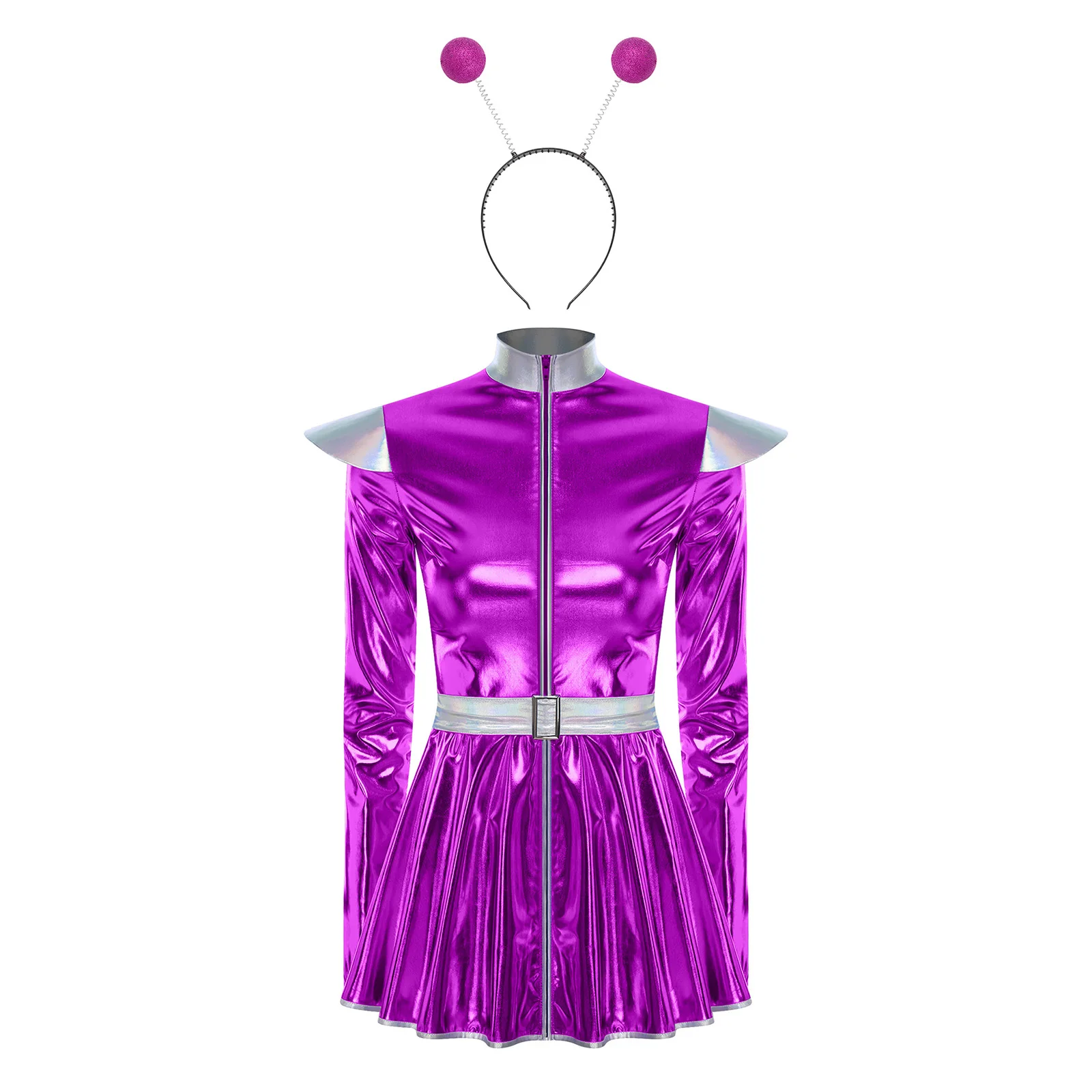 Vestido de tutú metálico de manga larga para mujer, disfraz de astronauta alienígena, disfraz elegante con aro para el pelo para Halloween, fiesta temática espacial
