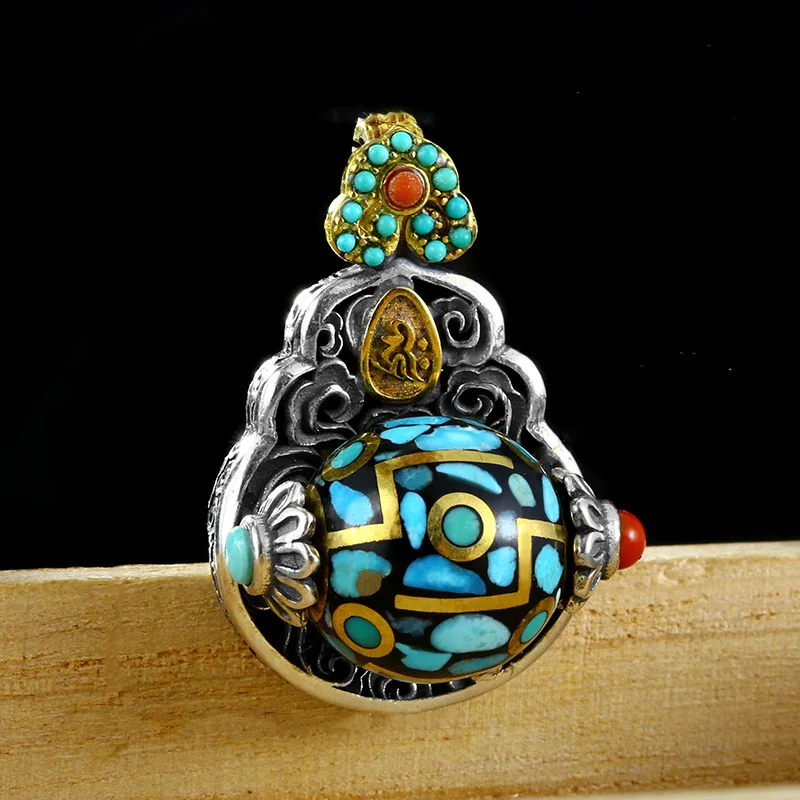 Silver-Plated Nine-Eye Pendant Retro Rotatable Turquoise Six-Word Mantra Necklace Fashion Versatile Style