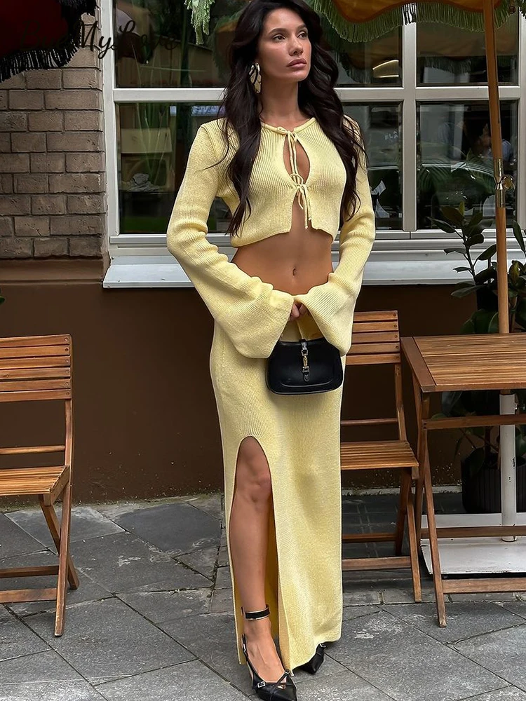 

ByeMyLove Knit 2 Pieces Sets For Women Long Sleeve Mini Skirts Solid Laceup Split Skirts Outfits Fashion Women Knitwear