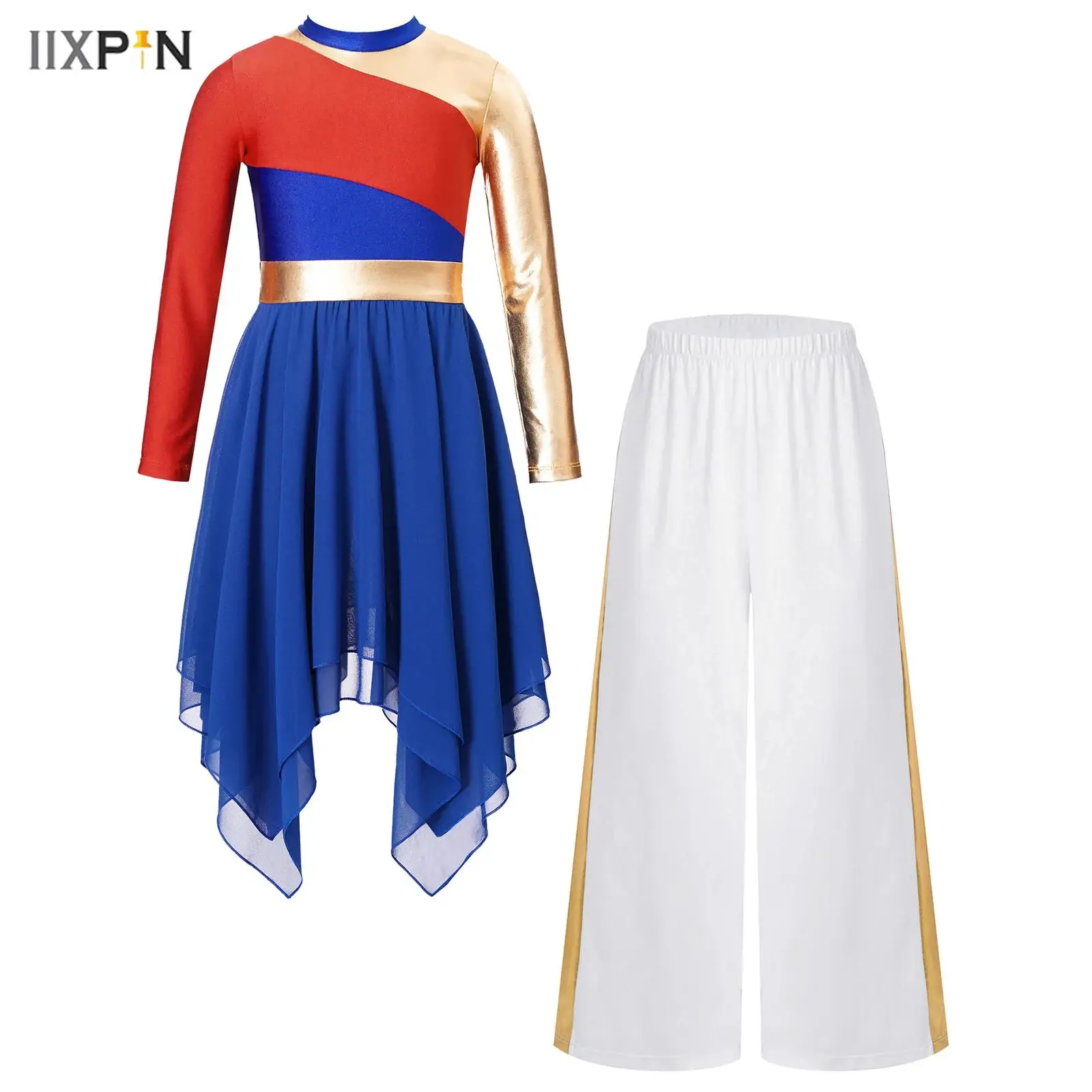 

Kids Girls Worship Praise Dance Outfit Chiffon Long Sleeve Asymmetrical Hem Contrast Color Patchwork Maxi Dress+Wide-Leg Pants