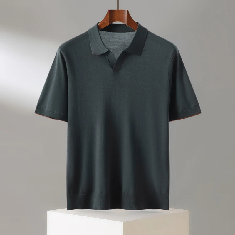 New 100% Lyocell  minimalist style scissor neck polo shirt with short sleeves, thin design, breathable, soft and comfortab