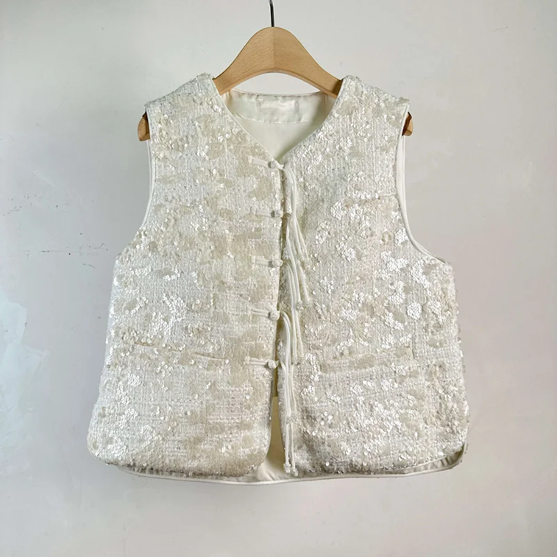 

Chinese Sequined Vest Coat Women Small Fragrance Casual Basic Shiny Tweed Sleeveless White Loose Vest Female Spring Summer