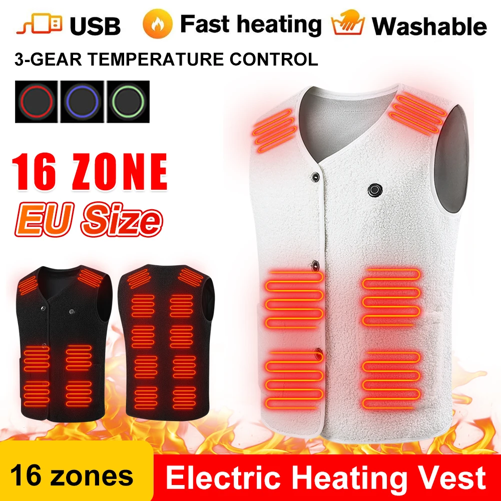 16 Heating Zones Heated Vest For Men Fleece Jacket USB Power Adjustable Temperature Winter Warm Vest For Outdoor Hiking Camping