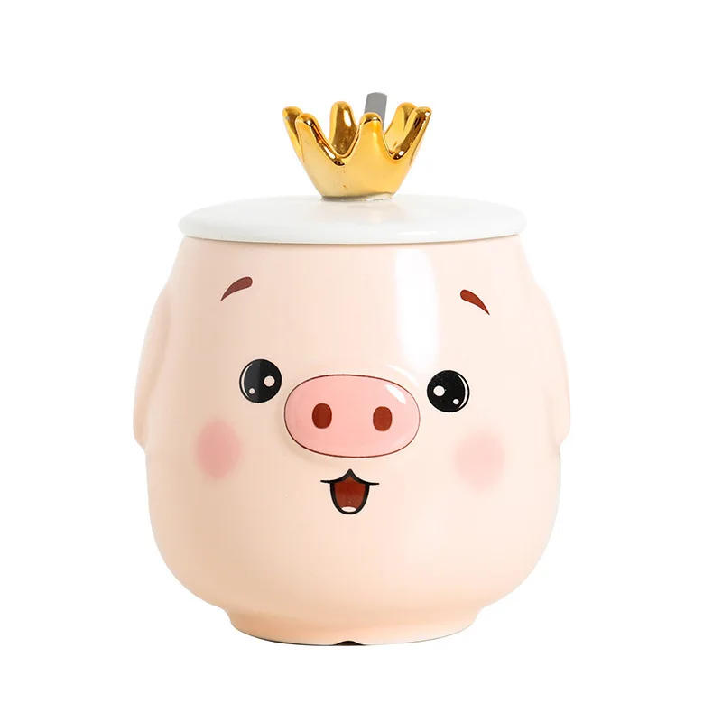 Cute Crown Piggy Pattern Coffee Ceramic Cup with Wooden Lid and Stainless Steel Spoon Cartoon Mug Student Drinking Festival Gift