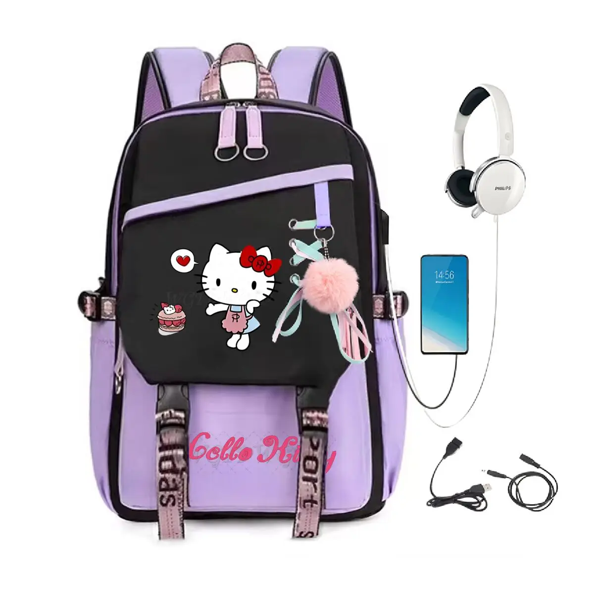

Cute Cartoon Hello Kitty Backpack Trendy Large Capacity USB Charging Bag Children Teeneger Student Schoolbags Women Travel Bags