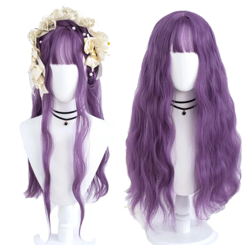 

Wig for ladies with wavy long curly hair and bangs, corn perm, big wave headband Synthetic fiber wig