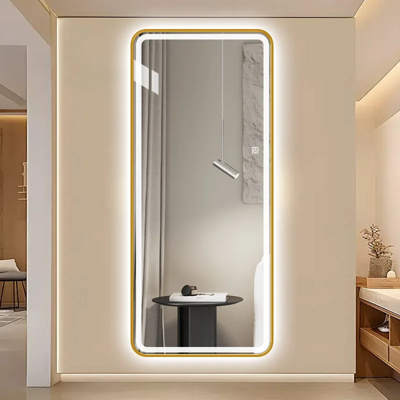 Espejo cuadrado de cuerpo entero, luz LED inteligente, espejo largo luminoso con marco de Metal enchufado en espejo de tocador de maquillaje