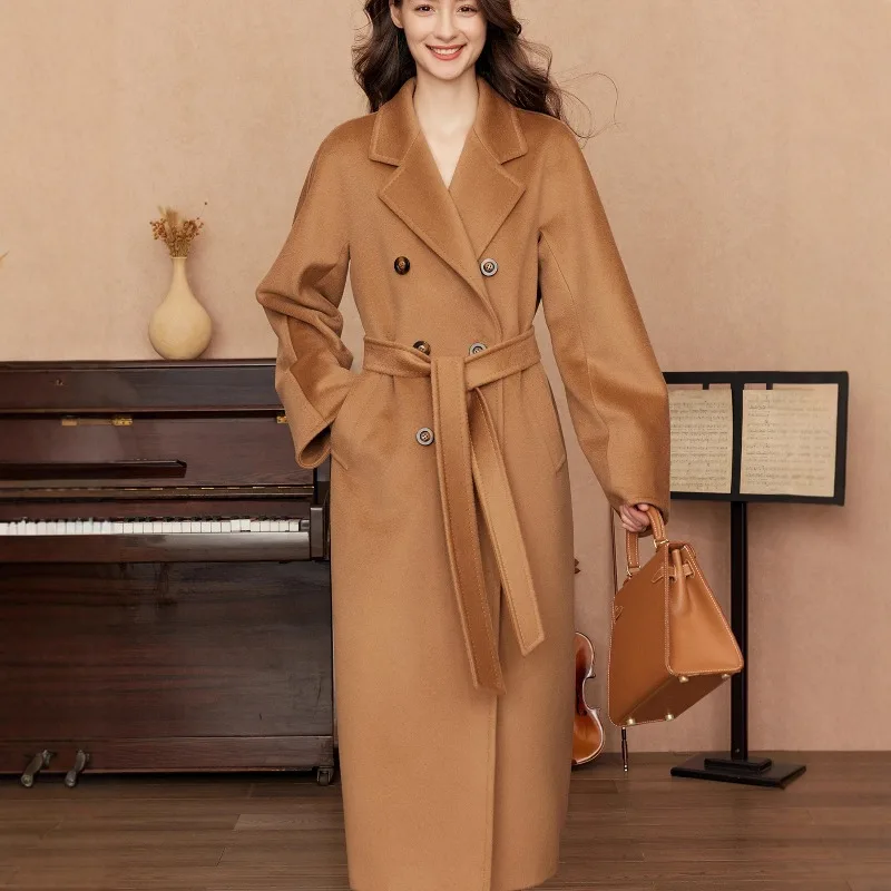 2026 Double-faced Wool Coat Women's Wide Lapel Woolen X-long Overcoat Autumn Winter Double-breasted Sashes Streetwear Outerwear