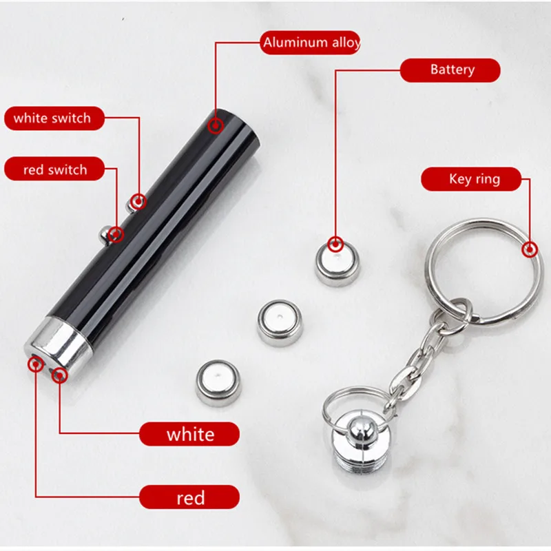 6 Colors 2-In-1 Cat Pet Toy Red Laser Light LED Pointer Pen Keychain White Flashlight Torch Interactive Training For Cat Dogs