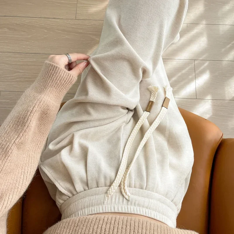 Autumn Women Cotton Elastic High Waisted Sweatpants Lady Solid Leisure Daily Wide Leg Straight Leg Trousers