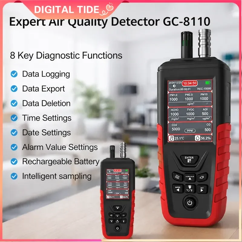 8-in-1 Air Quality Monitor CO2 HCHO TVOC PM2.5 PM10 Detector AQI Index Temperature Humidity Sensor Six-Channel Particle