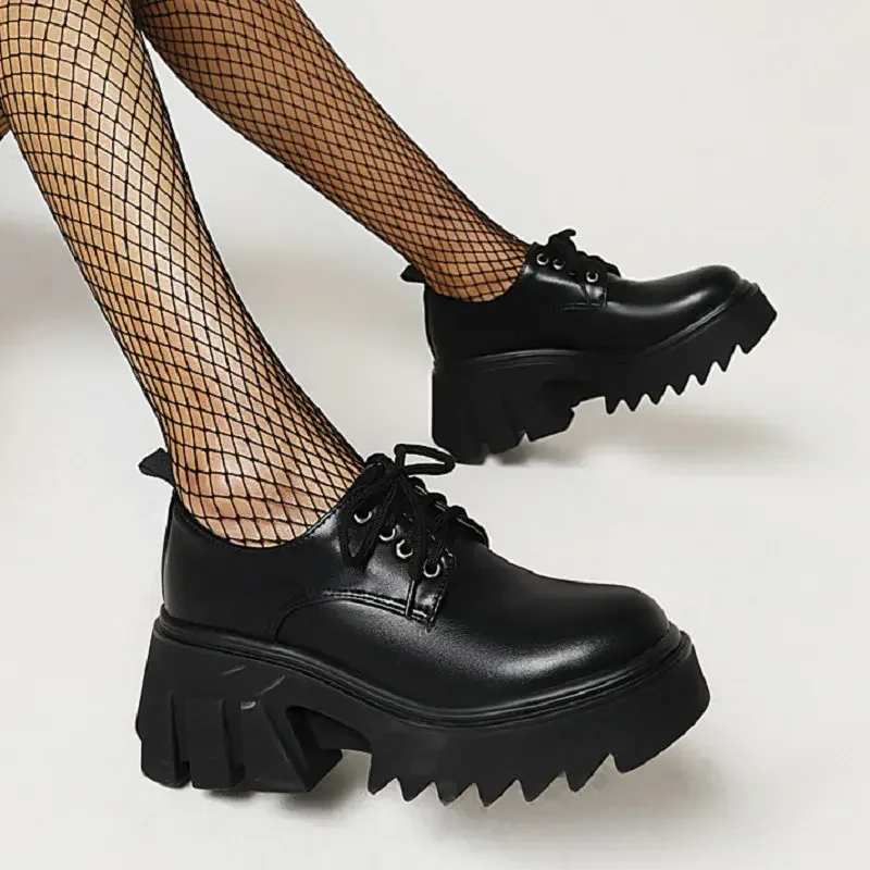 

Patent PU Leather Round Toe Solid Black Color Lace-Up Chunky High Heels Platform Gothic Punk Woman's Shoes Pumps Women