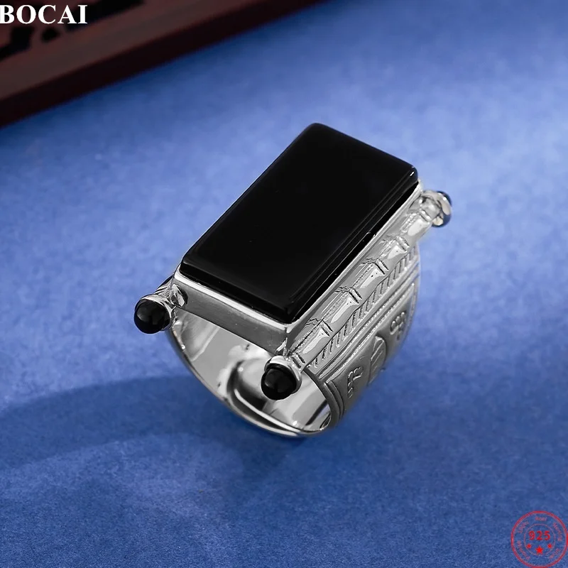 

BOCAI S925 Sterling Silver Charm Rings for Men Women Retro Pattern Inlaid Rectangle Agate Fashion Punk Jewelry ﻿Wholesale
