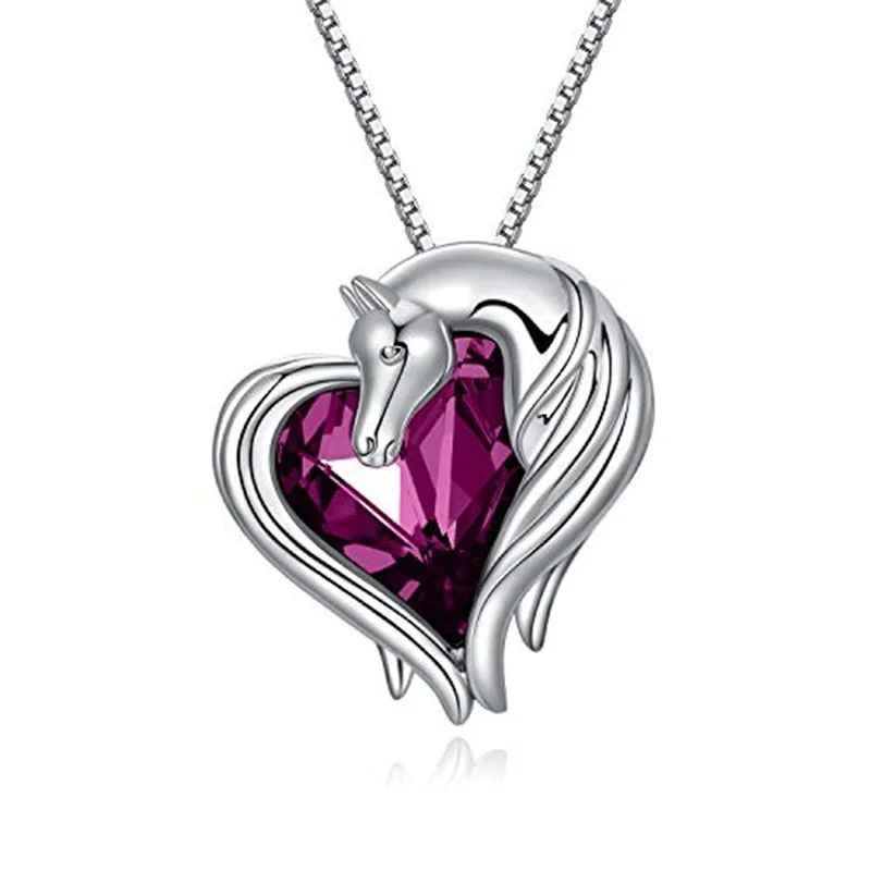 2 style Silver Horse in Heart Pendant Necklace Animal Jewelry Gift for Teen Girls Lovers Embellished with Crystals