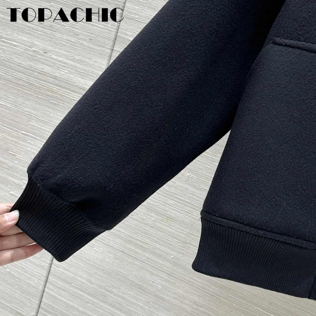 8.26 TOPACHIC-Women Hand Double-Sided Cashmere Flying Jacket Temperament Ribbed Collar Raglan Sleeve Loose Short Zipper Coat