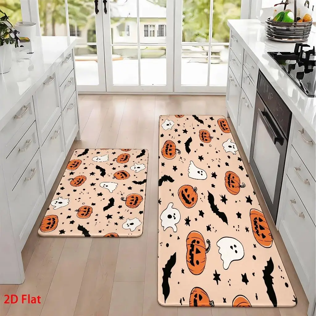 1pc, 2pcs, 3pcs, 2D Flat Kitchen Floor Mat Set, Halloween Pumpkin Bat Star Pattern Floor Mat, Easy-to-Clean Decorative Kitchen Mat, Suitable for Kitchen, Bathroom, Laundry Room, Dining Room, And Living Room, Vibrant, 2D Flat