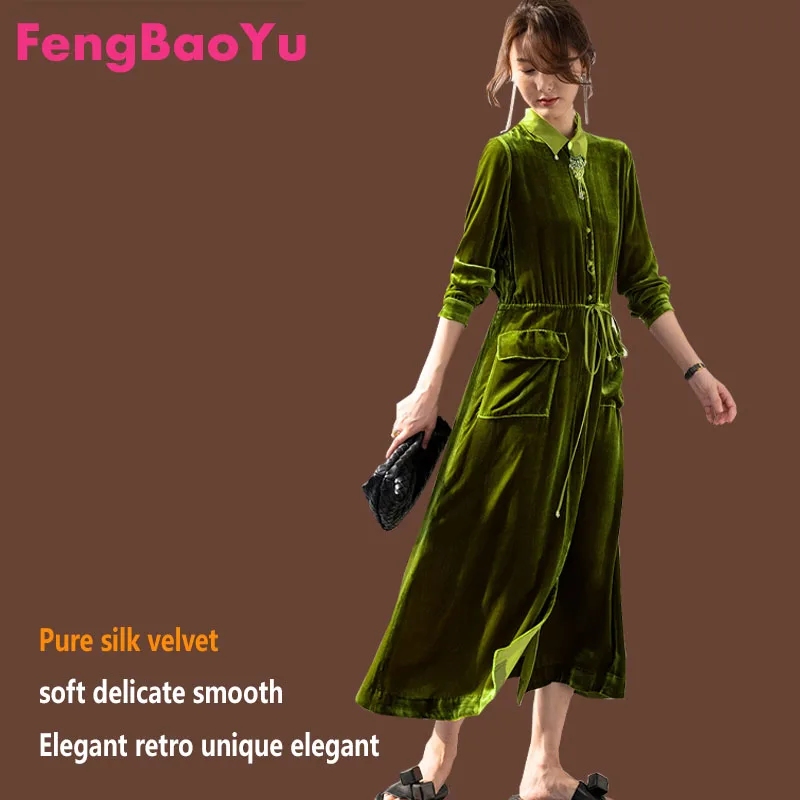 Silk Velvet Women\'s Long Sleeve Dress Original Design Single Breasted Lace-up Mid-length Skirt Youth Fashion Free Shipping