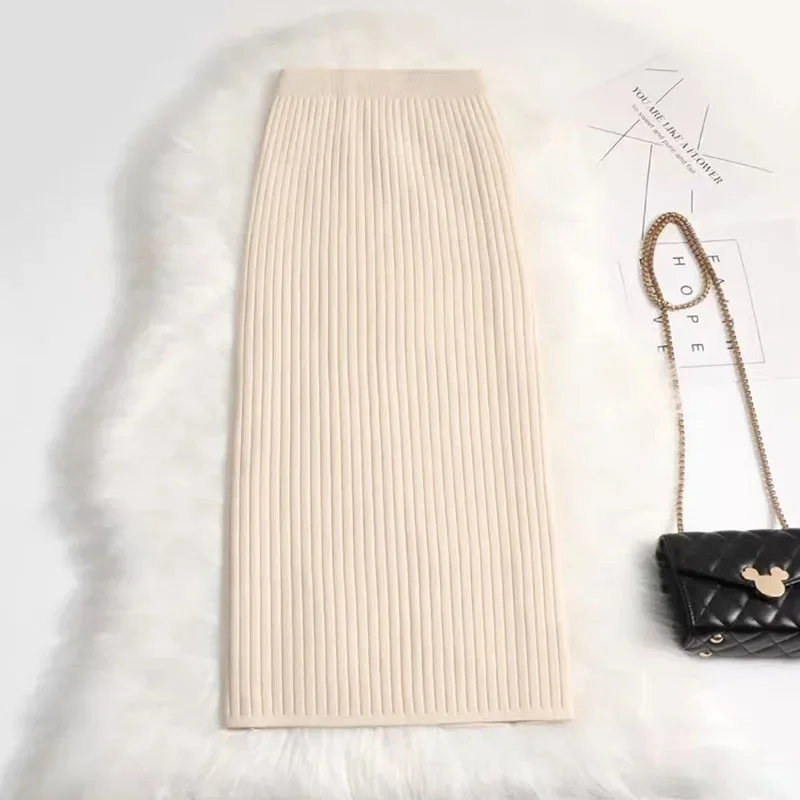 Color Basic Solid Knitted Long Skirts Women Elegant Slim Fit Office Wear Lady Pencil Skirt All-Match Streetwear Split Midi Skirt