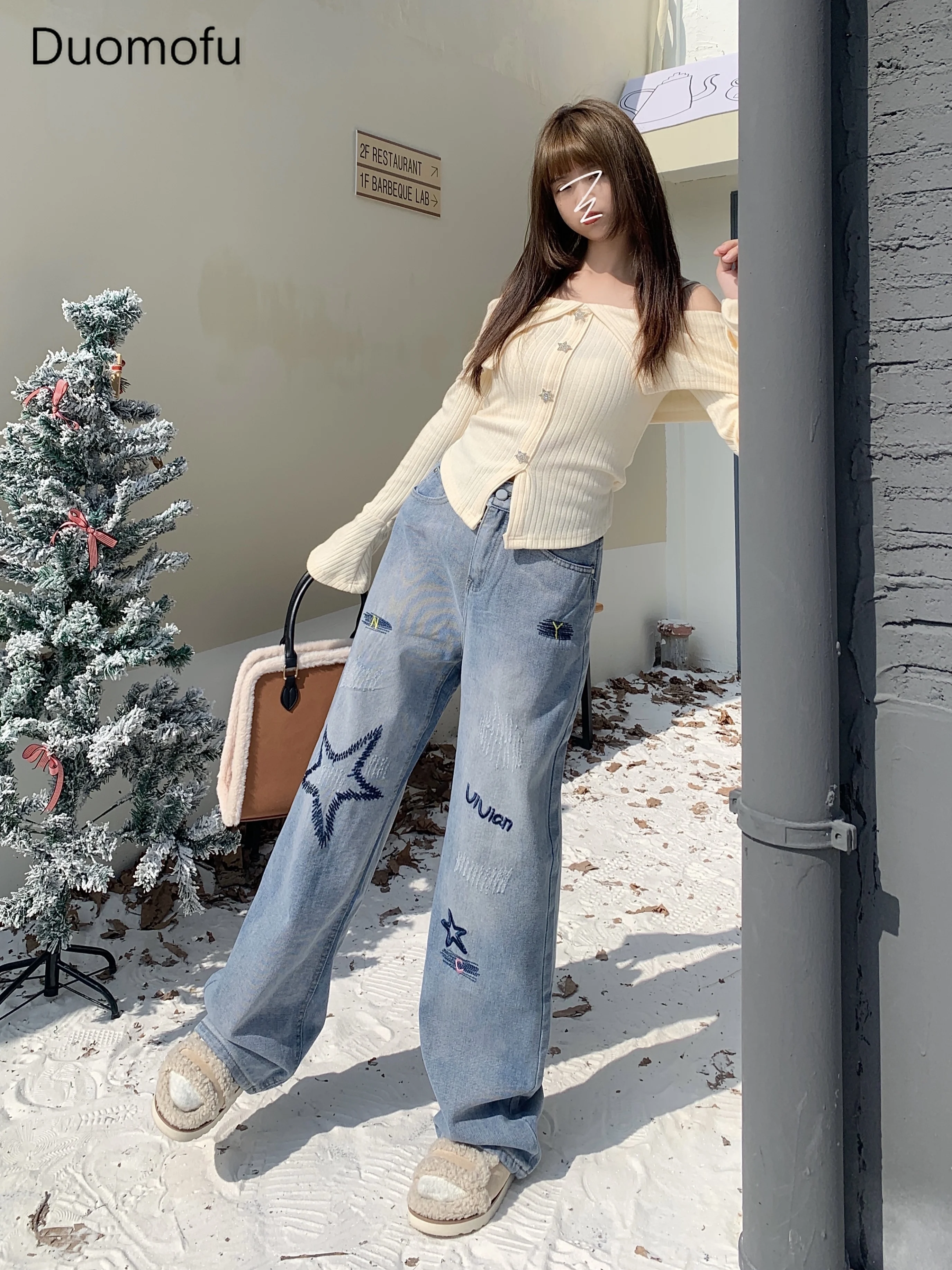 Duomofu-Jeans reto de cintura alta para mulheres, jeans simples e casual feminino, solto e simples, básico e elegante, bordado estrela, azul claro, novo para o outono