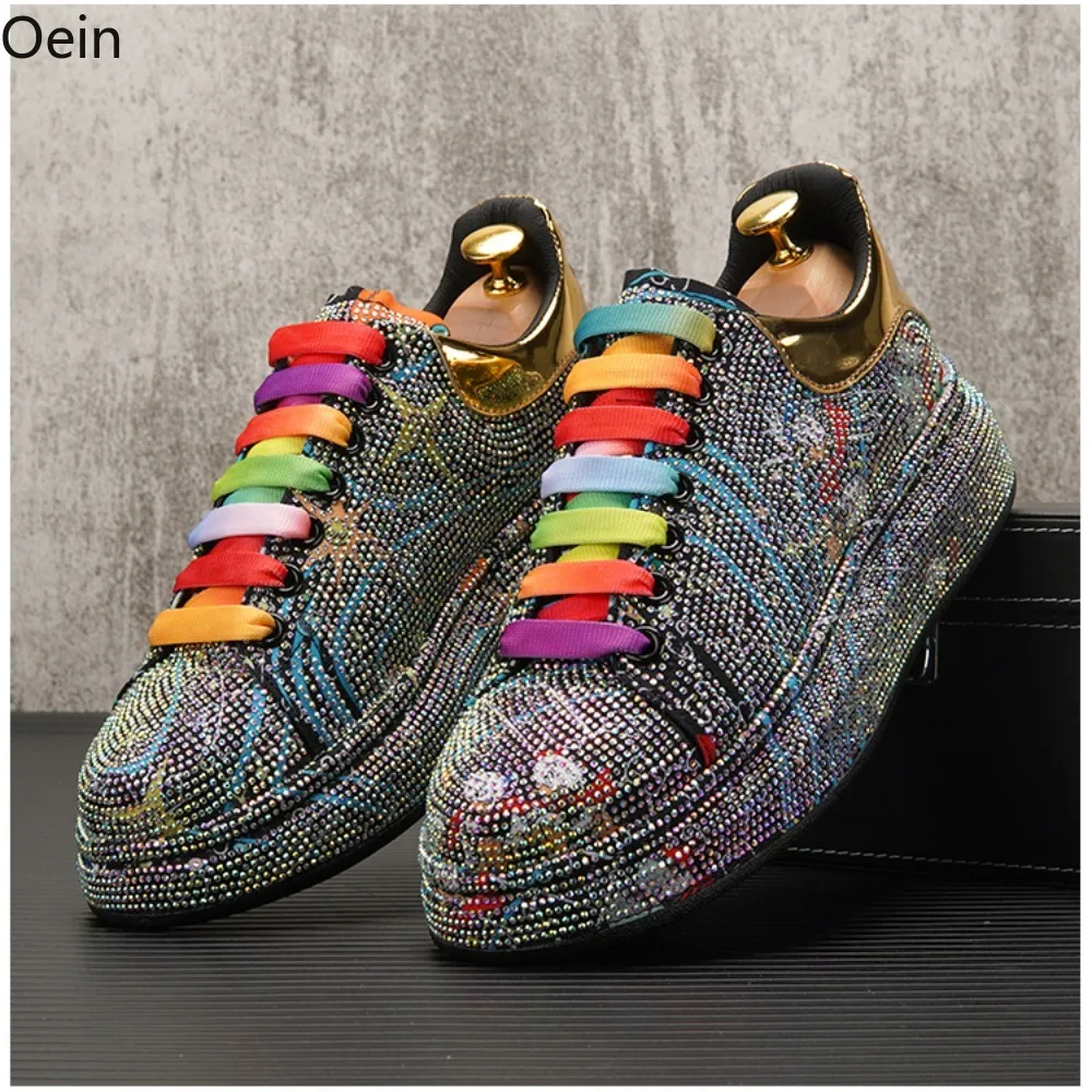 Mens Rhinestones Diamonds Rainbow Colors Flats Sneakers Bling Skateboard Glitter Shoes 5Colors New 2024